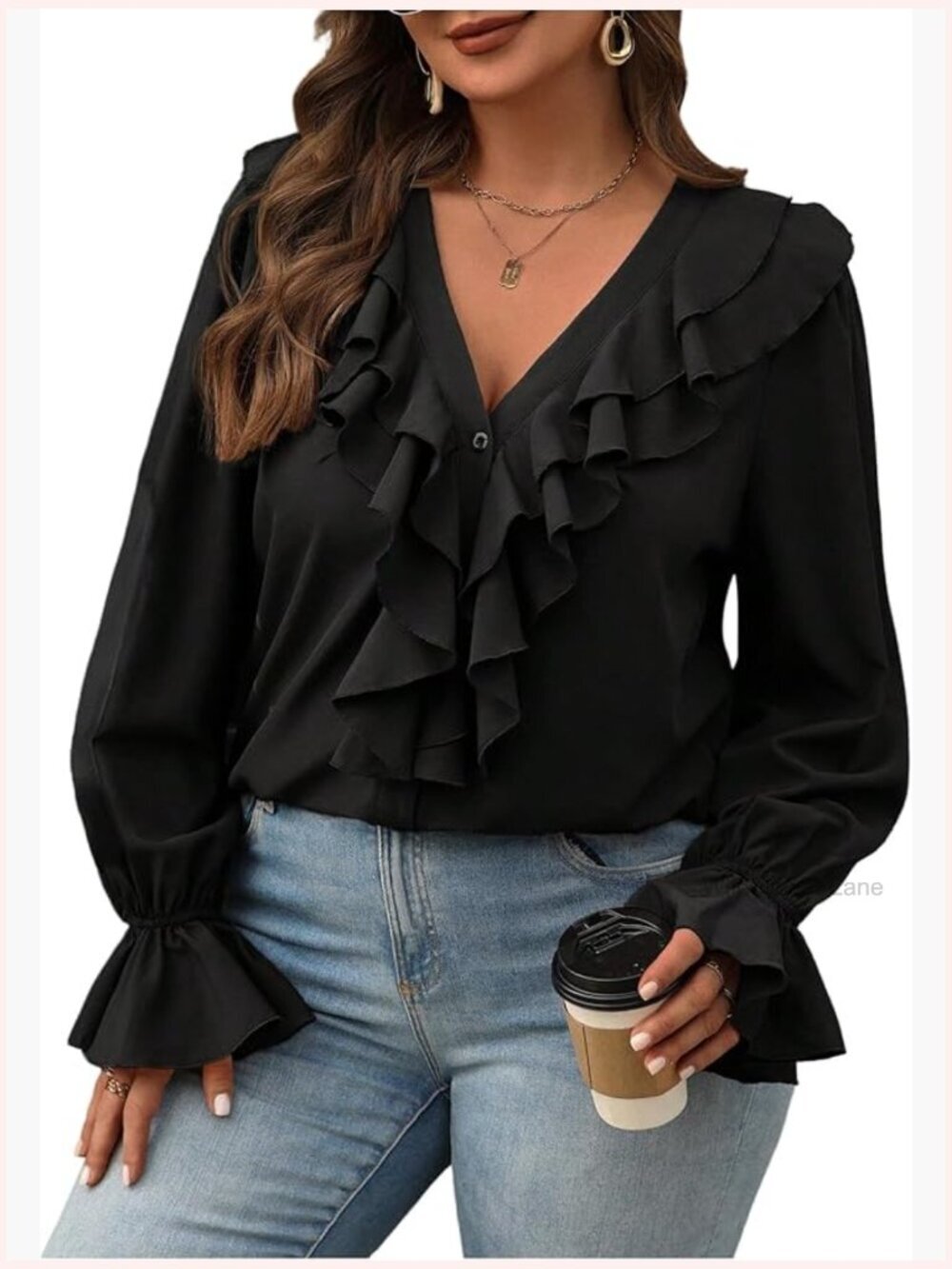 Plus Size Long Sleeve V Neck Button Down Ruffle Blouse Top